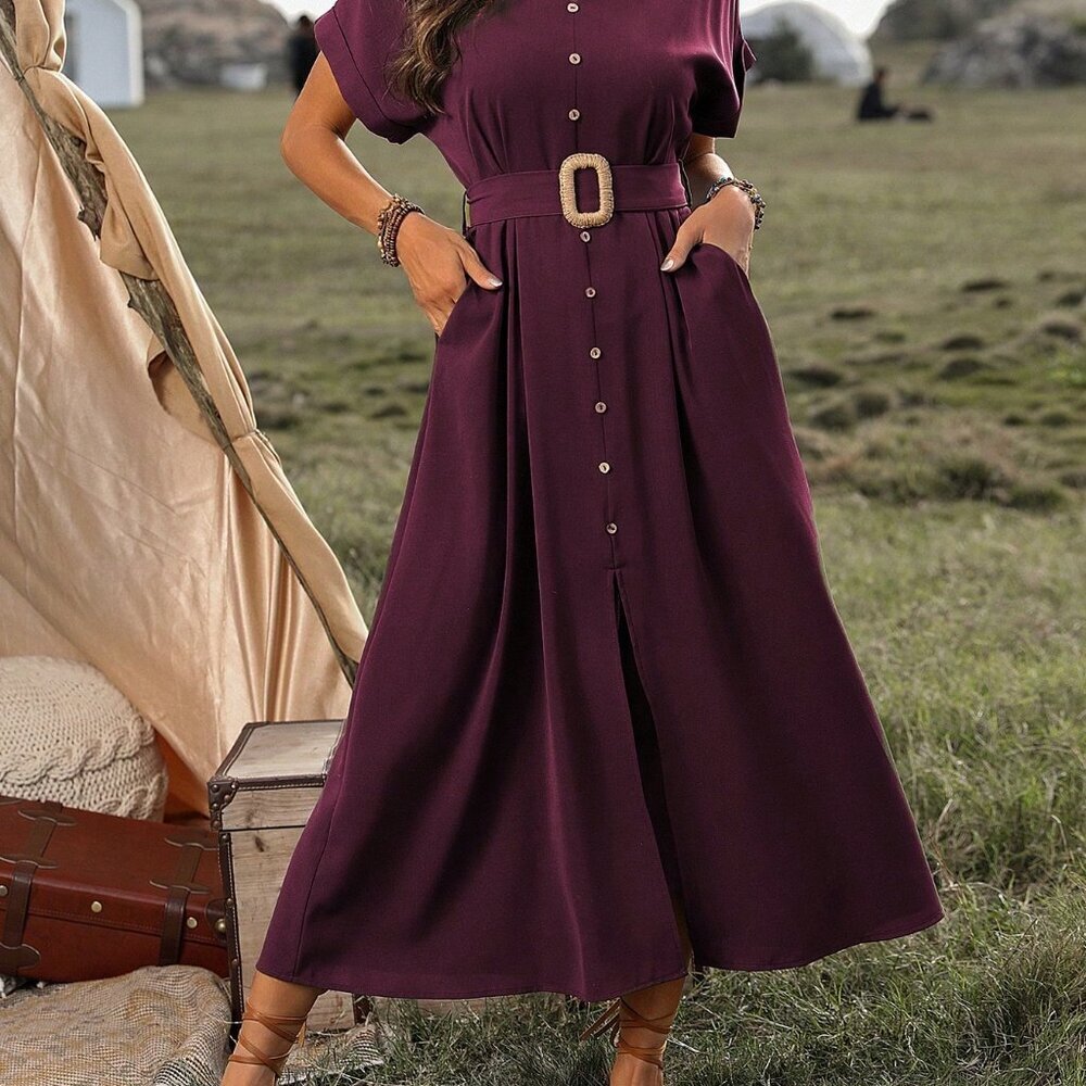 Red Violet Casual Women's Belted Short Sleeve Button Down Maxi Dress - Picture 4 of 7